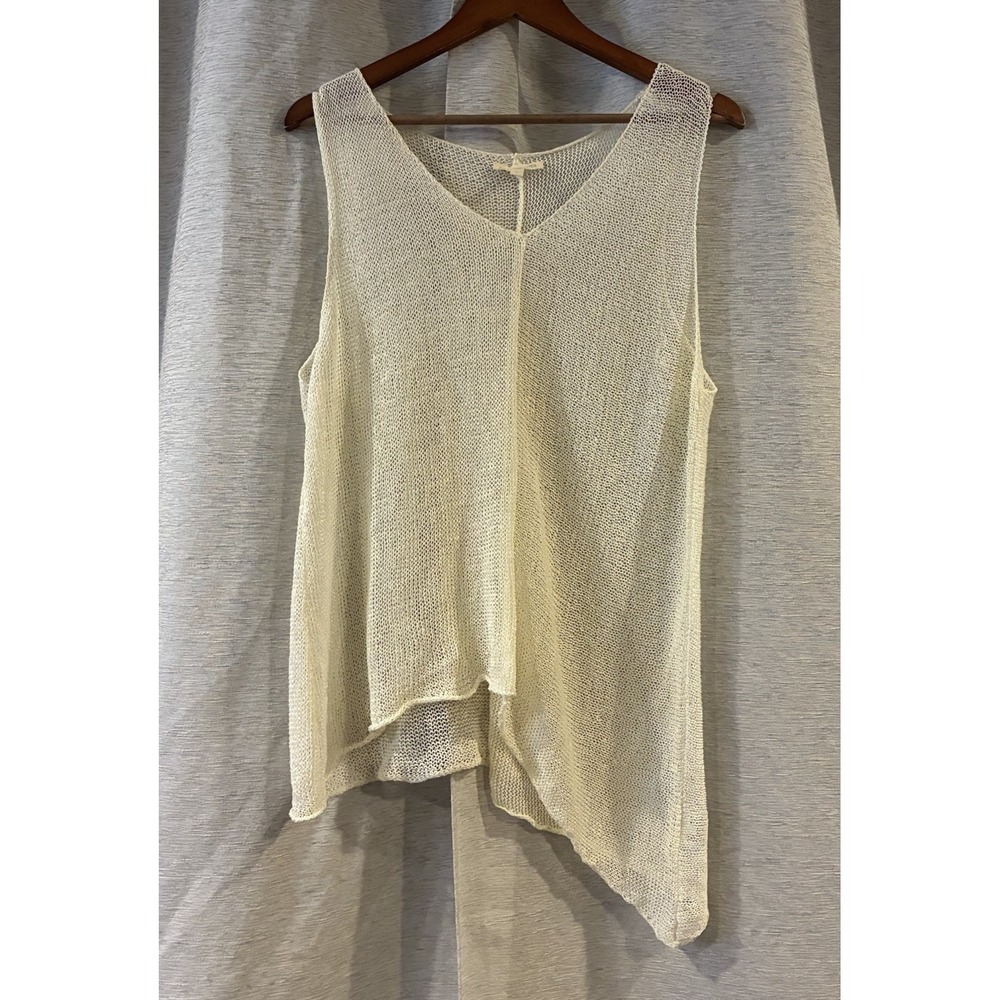 Eileen Fisher Linen Blend Loose Knit Ivory Tank Top Asymmetrical Hem Large